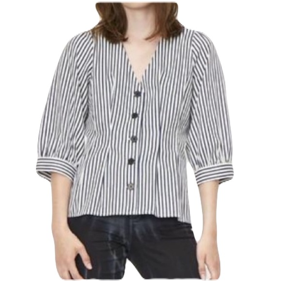 Just USA Tops - JUST 100% Organic Cotton Striped Button Front Sindra Blouse Navy and White Sz M